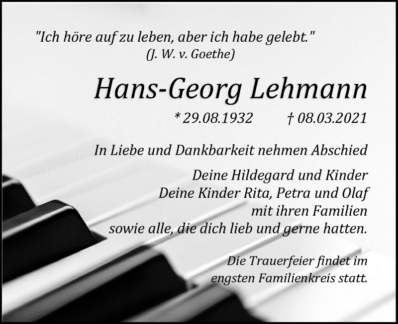  Traueranzeige für Hans-Georg Lehmann vom 13.03.2021 aus Ostsee-Zeitung GmbH