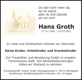 Traueranzeige von Hans Groth von Hannoversche Allgemeine Zeitung/Neue Presse