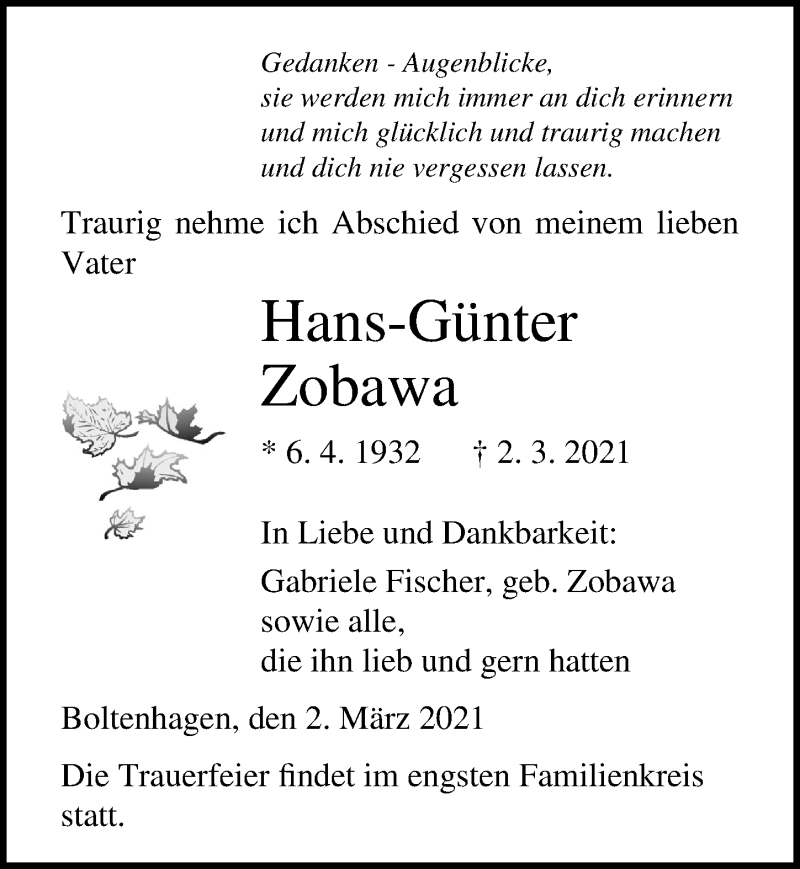  Traueranzeige für Hans-Günter Zobawa vom 06.03.2021 aus Ostsee-Zeitung GmbH
