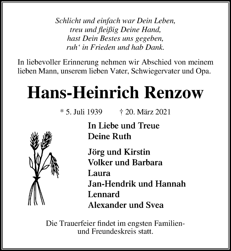  Traueranzeige für Hans-Heinrich Renzow vom 28.03.2021 aus Lübecker Nachrichten