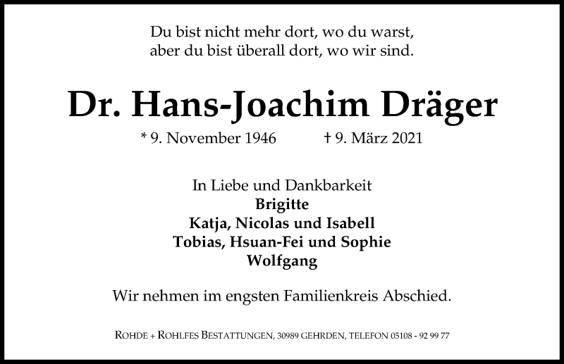  Traueranzeige für Hans-Joachim Dräger vom 20.03.2021 aus Hannoversche Allgemeine Zeitung/Neue Presse