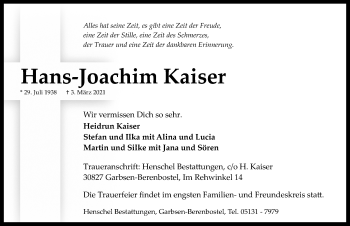 Traueranzeige von Hans-Joachim Kaiser von Hannoversche Allgemeine Zeitung/Neue Presse