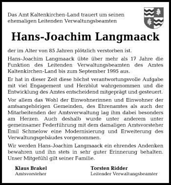 Traueranzeige von Hans-Joachim Langmaack von Kieler Nachrichten