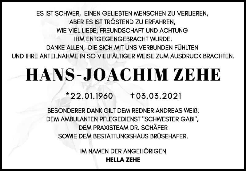  Traueranzeige für Hans-Joachim Zehe vom 24.03.2021 aus Märkischen Allgemeine Zeitung