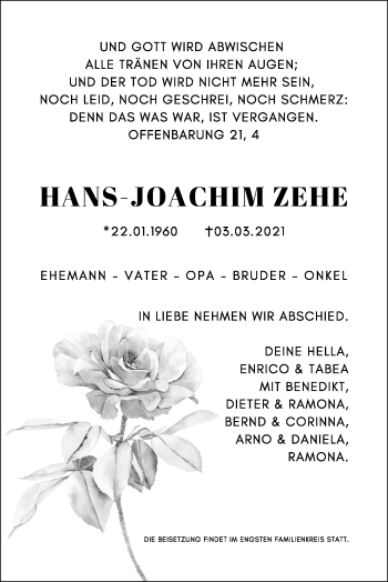 Traueranzeige von Hans-Joachim Zehe von Märkischen Allgemeine Zeitung