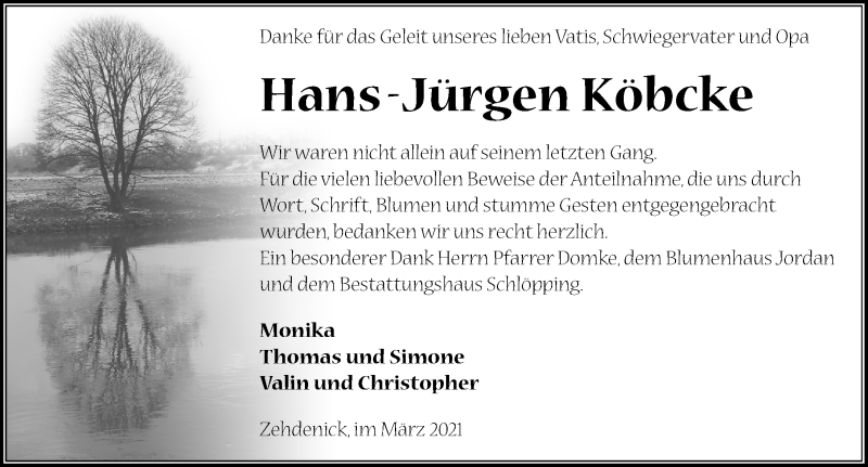  Traueranzeige für Hans-Jürgen Köbcke vom 27.03.2021 aus Märkischen Allgemeine Zeitung