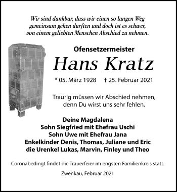 Traueranzeige von Hans Kratz von Leipziger Volkszeitung