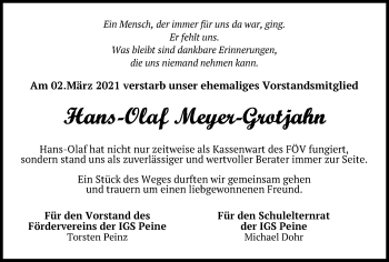 Traueranzeige von Hans-Olaf Meyer-Grotjahn von Peiner Allgemeine Zeitung