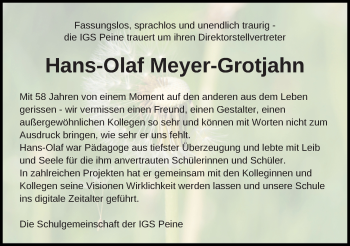 Traueranzeige von Hans-Olaf Meyer-Grotjahn von Peiner Allgemeine Zeitung