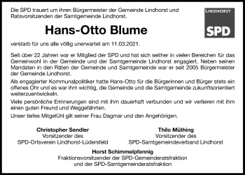 Traueranzeige von Hans-Otto Blume von Schaumburger Nachrichten