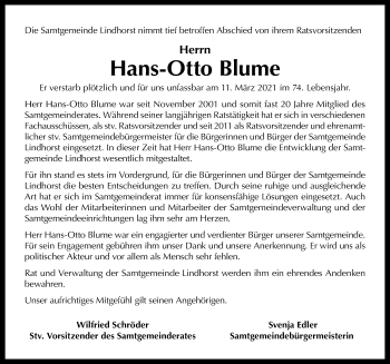 Traueranzeige von Hans-Otto Blume von Schaumburger Nachrichten
