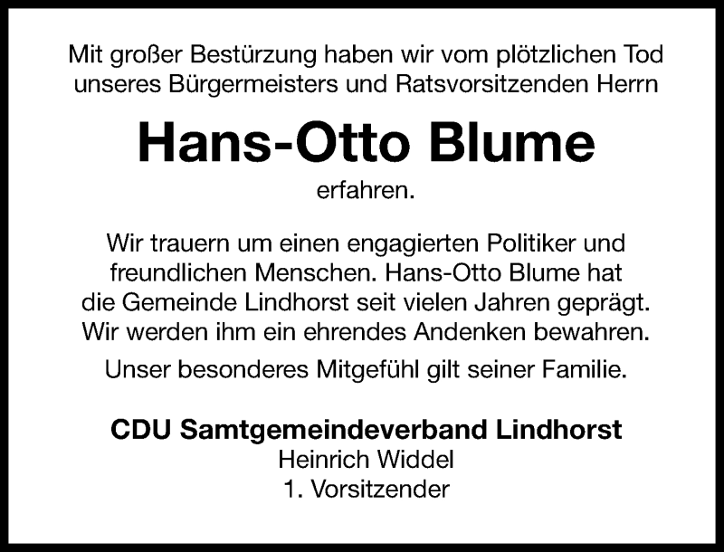  Traueranzeige für Hans-Otto Blume vom 20.03.2021 aus Schaumburger Nachrichten