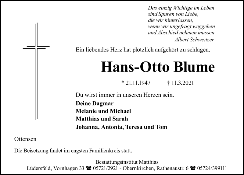 Traueranzeige für Hans-Otto Blume vom 16.03.2021 aus Schaumburger Nachrichten