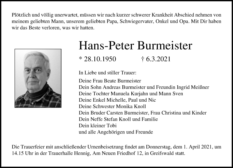  Traueranzeige für Hans-Peter Burmeister vom 20.03.2021 aus Ostsee-Zeitung GmbH