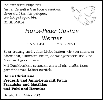 Traueranzeige von Hans-Peter Gustav Werner von Kieler Nachrichten