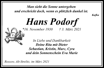 Traueranzeige von Hans Podorf von Märkischen Allgemeine Zeitung