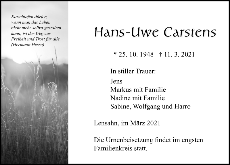  Traueranzeige für Hans-Uwe Carstens vom 20.03.2021 aus Lübecker Nachrichten
