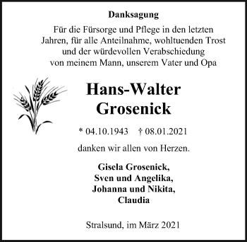 Traueranzeige von Hans-Walter Grosenick von Ostsee-Zeitung GmbH