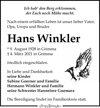 Traueranzeige von Hans Winkler von Leipziger Volkszeitung