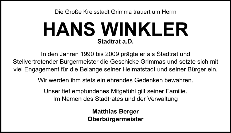  Traueranzeige für Hans Winkler vom 20.03.2021 aus Leipziger Volkszeitung