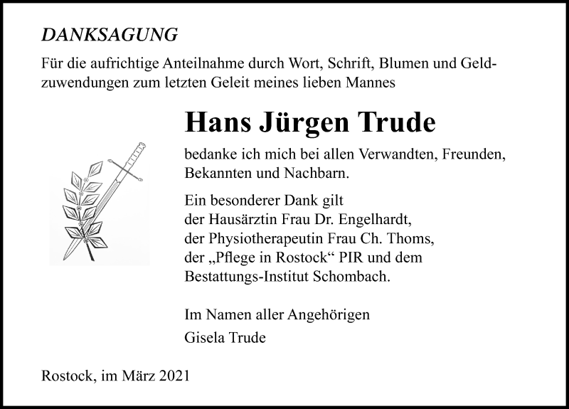  Traueranzeige für Hans Jürgen Trude vom 06.03.2021 aus Ostsee-Zeitung GmbH