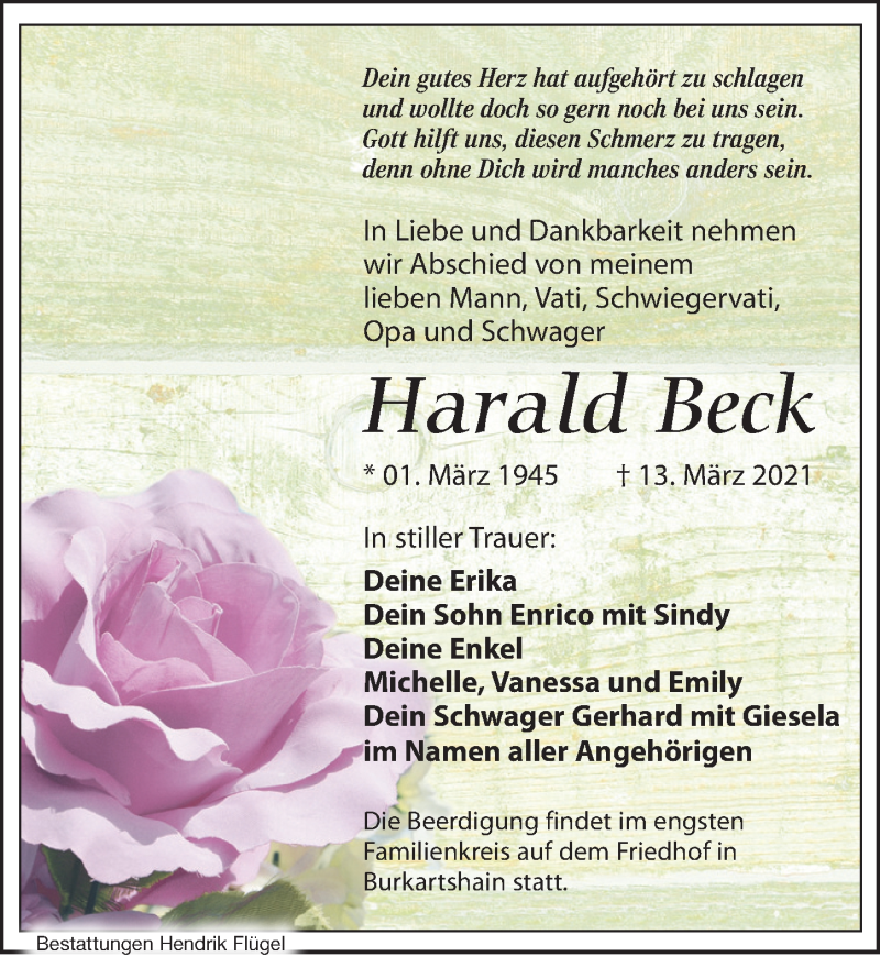  Traueranzeige für Harald Beck vom 20.03.2021 aus Leipziger Volkszeitung