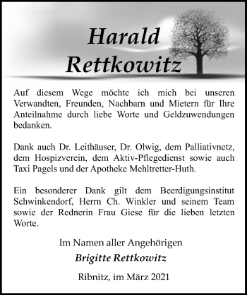 Traueranzeige von Harald Rettkowitz von Ostsee-Zeitung GmbH