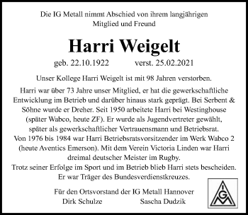 Traueranzeige von Harri Weigelt von Hannoversche Allgemeine Zeitung/Neue Presse