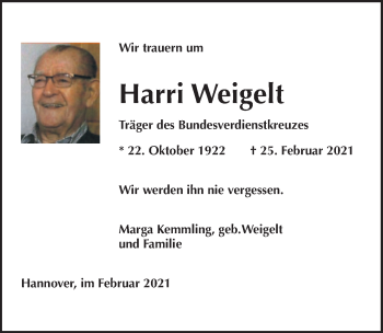 Traueranzeige von Harri Weigelt von Hannoversche Allgemeine Zeitung/Neue Presse