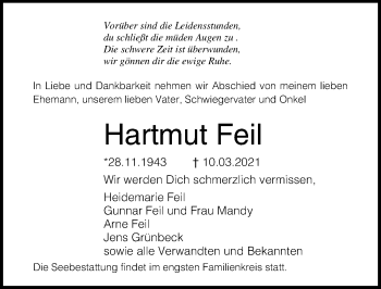 Traueranzeige von Hartmut Feil von Ostsee-Zeitung GmbH