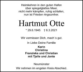 Traueranzeige von Hartmut Otte von Kieler Nachrichten
