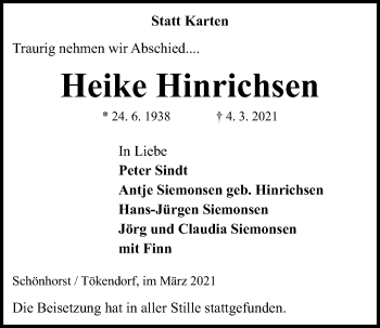 Traueranzeige von Heike Hinrichsen von Kieler Nachrichten