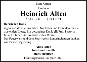 Traueranzeige von Heinrich Alten von Hannoversche Allgemeine Zeitung/Neue Presse
