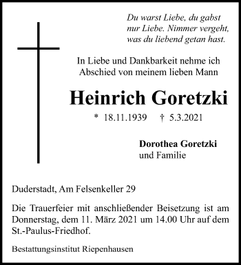 Traueranzeige von Heinrich Goretzki von Eichsfelder Tageblatt