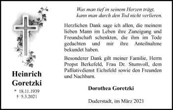 Traueranzeige von Heinrich Goretzki von Eichsfelder Tageblatt