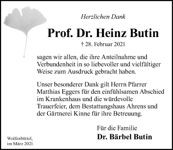 Traueranzeige von Heinz Butin von Göttinger Tageblatt