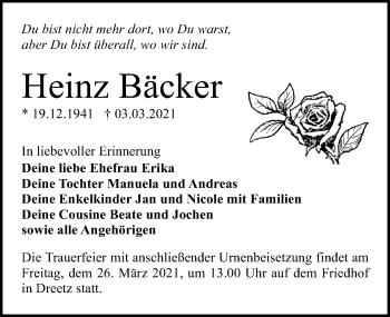 Traueranzeige von Heinz Bäcker von Märkischen Allgemeine Zeitung