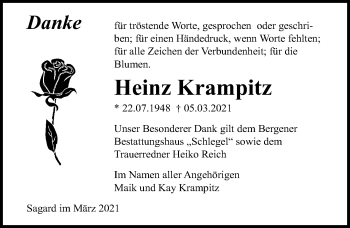 Traueranzeige von Heinz Krampitz von Ostsee-Zeitung GmbH
