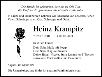 Traueranzeige von Heinz Krampitz von Ostsee-Zeitung GmbH