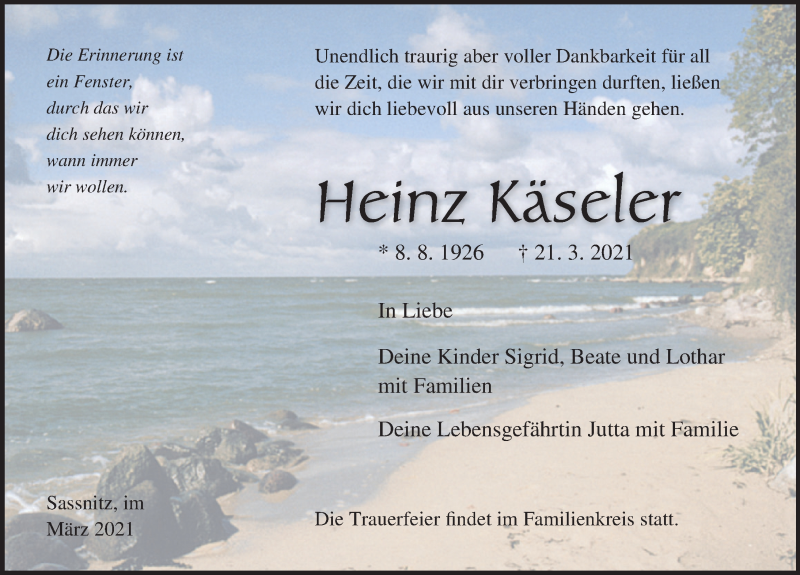  Traueranzeige für Heinz Käseler vom 27.03.2021 aus Ostsee-Zeitung GmbH