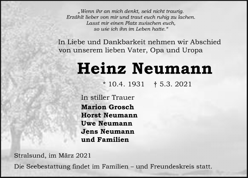  Traueranzeige für Heinz Neumann vom 13.03.2021 aus Ostsee-Zeitung GmbH