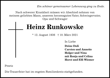 Traueranzeige von Heinz Runkowske von Kieler Nachrichten