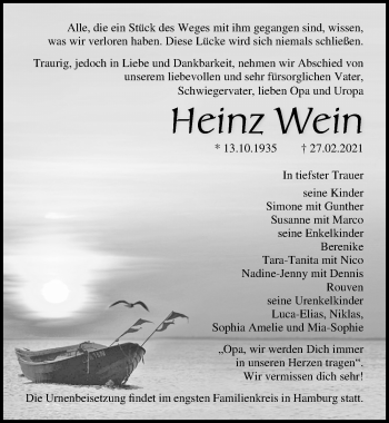 Traueranzeige von Heinz Wein von Ostsee-Zeitung GmbH