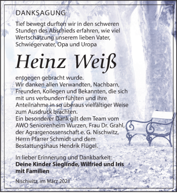 Traueranzeige von Heinz Weiß von Leipziger Volkszeitung