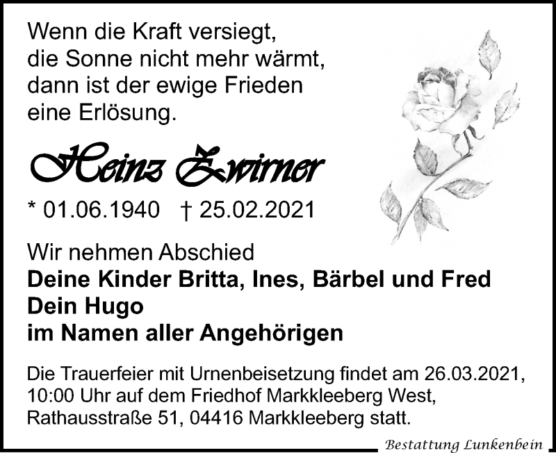  Traueranzeige für Heinz Zwirner vom 13.03.2021 aus Leipziger Volkszeitung