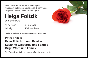 Traueranzeige von Helga Foitzik von Märkischen Allgemeine Zeitung