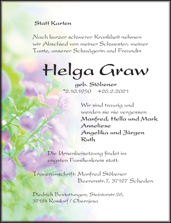 Traueranzeige von Helga Graw von Göttinger Tageblatt