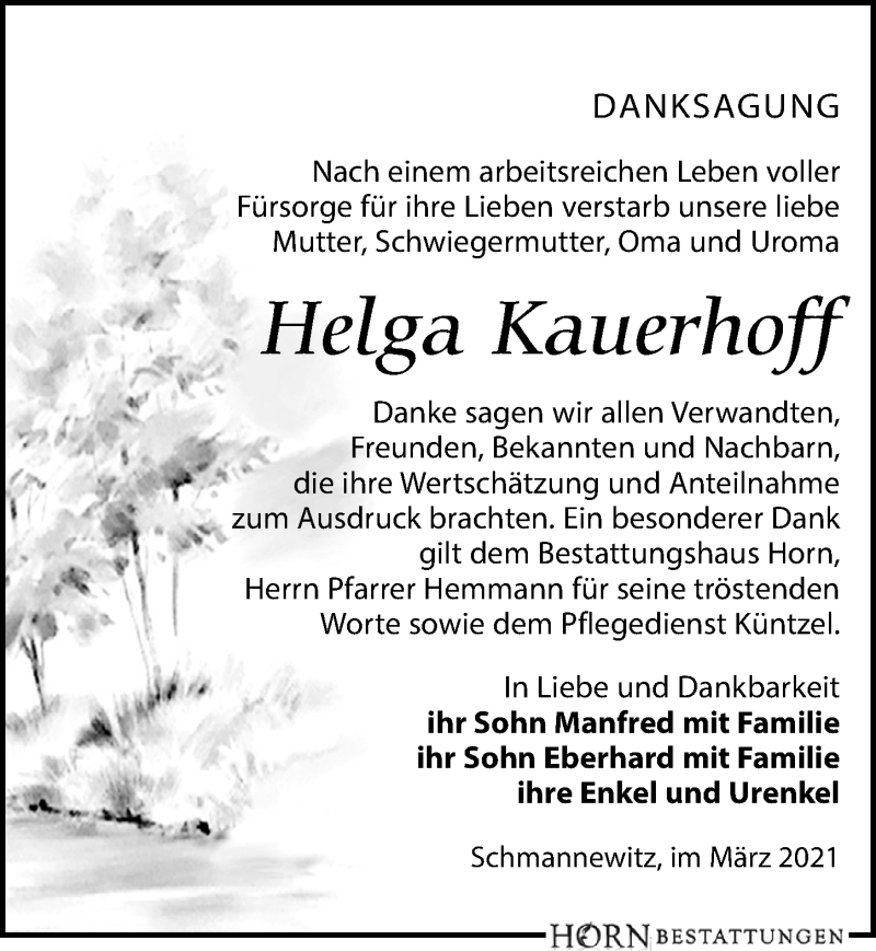  Traueranzeige für Helga Kauerhoff vom 13.03.2021 aus Leipziger Volkszeitung