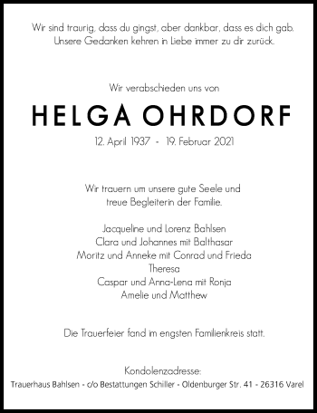 Traueranzeige von Helga Ohrdorf von Hannoversche Allgemeine Zeitung/Neue Presse