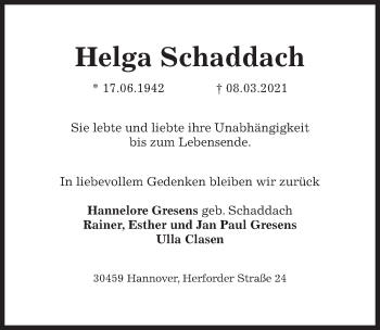 Traueranzeige von Helga Schaddach von Hannoversche Allgemeine Zeitung/Neue Presse